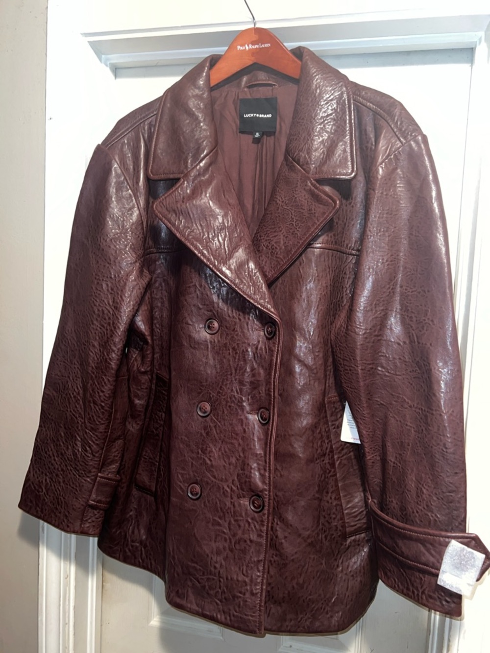 Lucky Brand Burgundy Double-Breasted Leather Peacoat - Picture 7 of 12